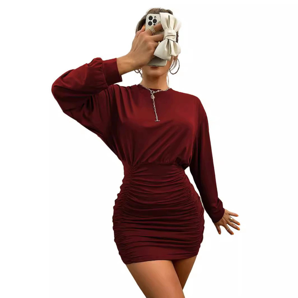ZARA Loose Pleated Waist Cinching Hip Hugging Long Sleeve Knit Dress
